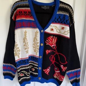 Carole Little Black Knit Cardigan with Blue Trim